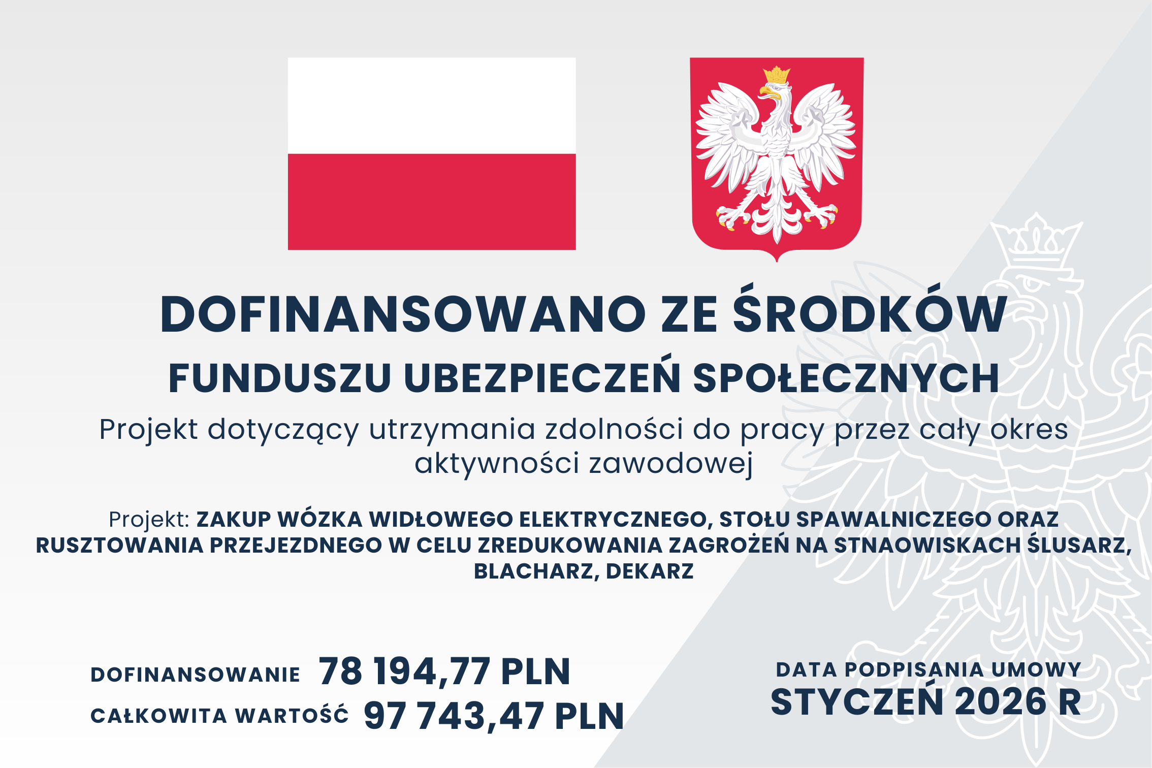 Tablica informacyjna — dofinansowanie ze środków Funduszu Ubezpieczeń Społecznych